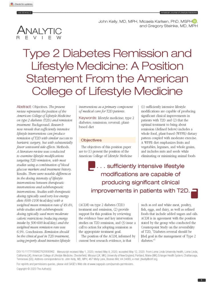 Type 2 Diabetes Remission And Lifestyle Medicine: A Position Statement From The American College Of Lifestyle Medicine